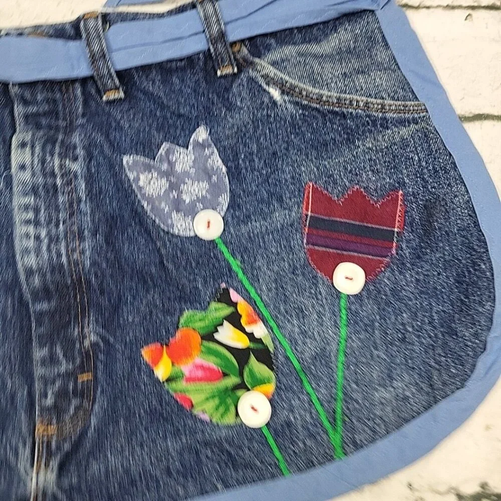 Handmade Denim Half‎ Apron Flower Patchwork Buttons Original By Barbara  VTG